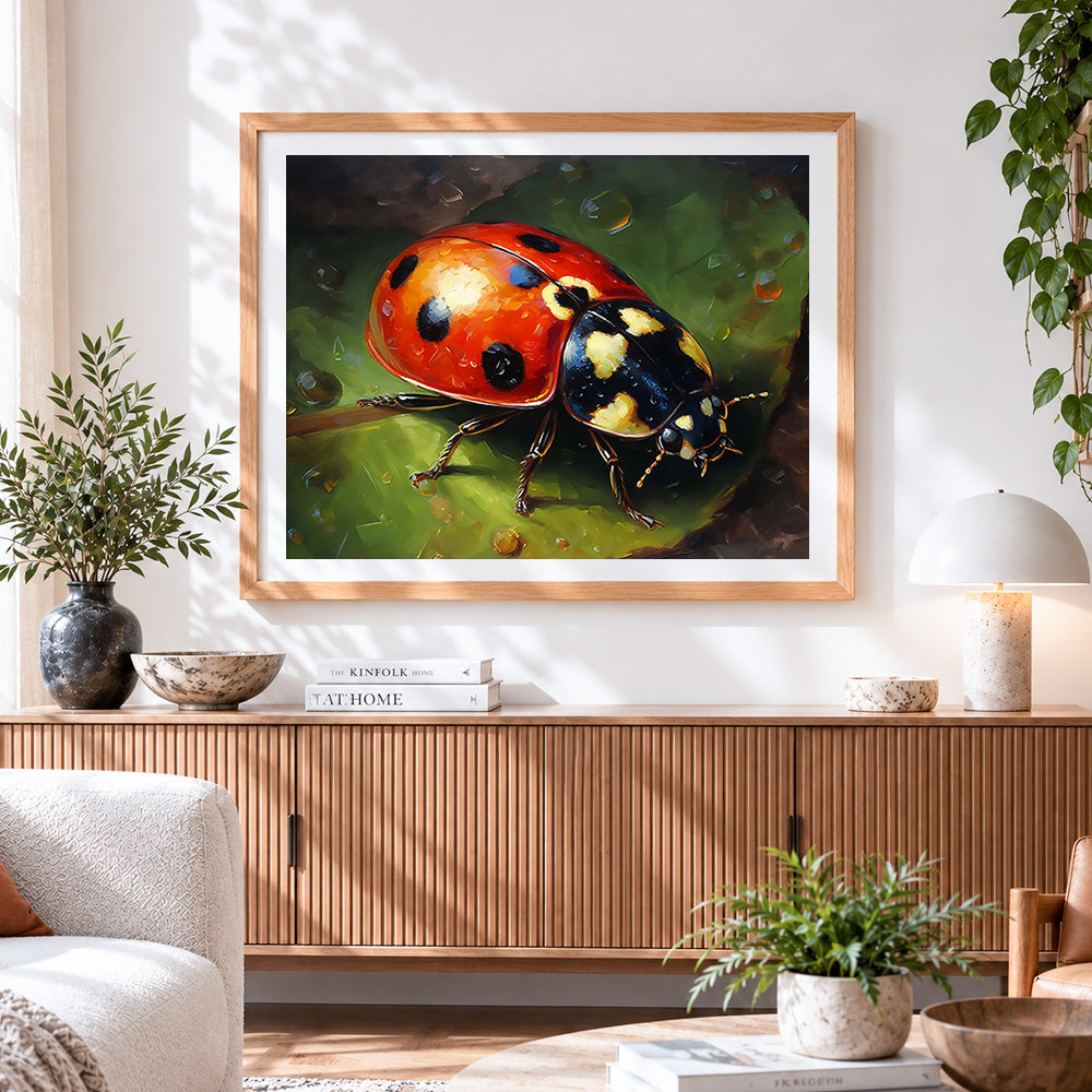 Finished realistic ladybird on a leaf cross stitch artwork displayed
