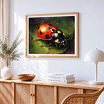 Realistic ladybird on a leaf cross stitch artwork displayed on wall as home decor