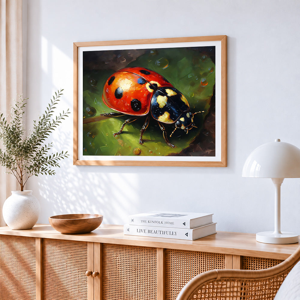 Realistic ladybird on a leaf cross stitch artwork displayed on wall as home decor