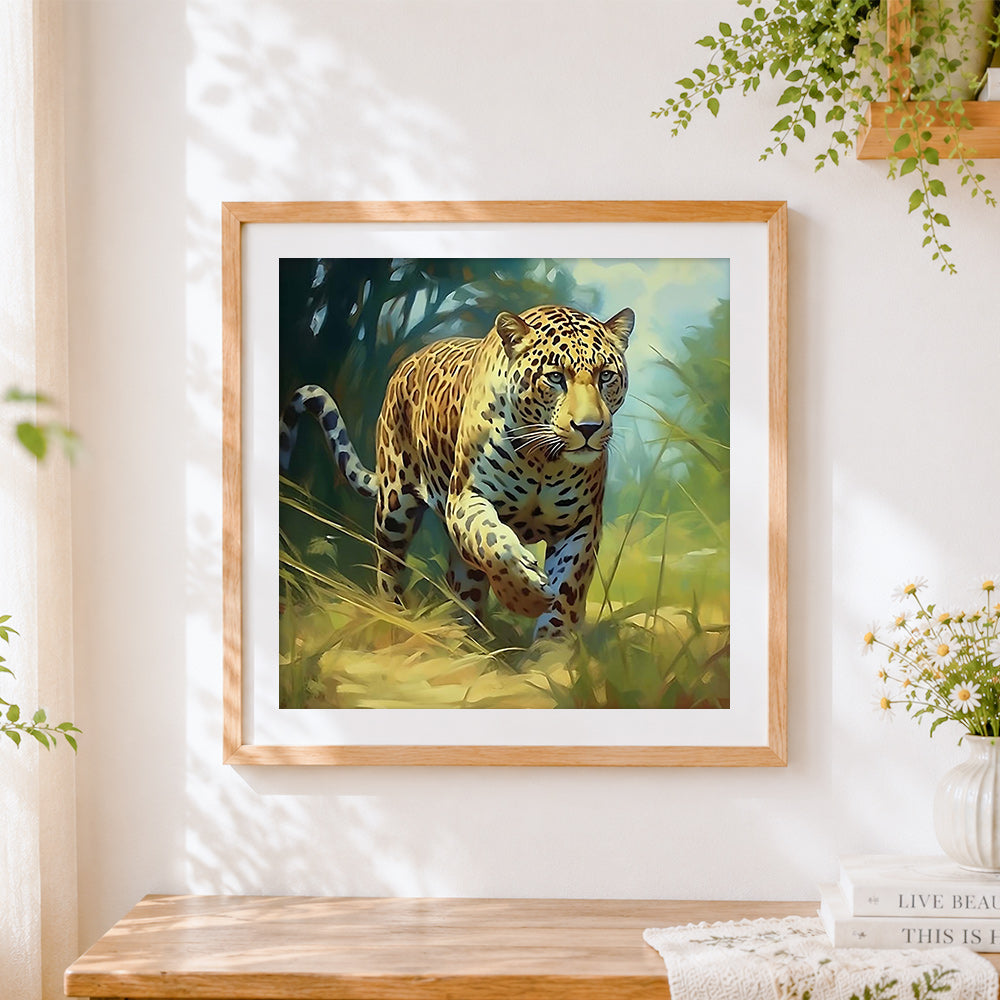 Finished realistic leopard stalking in grass cross stitch artwork displayed