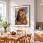 Realistic lion cross stitch artwork displayed on wall as home decor