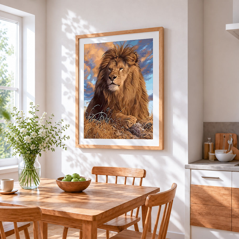 Realistic lion cross stitch artwork displayed on wall as home decor