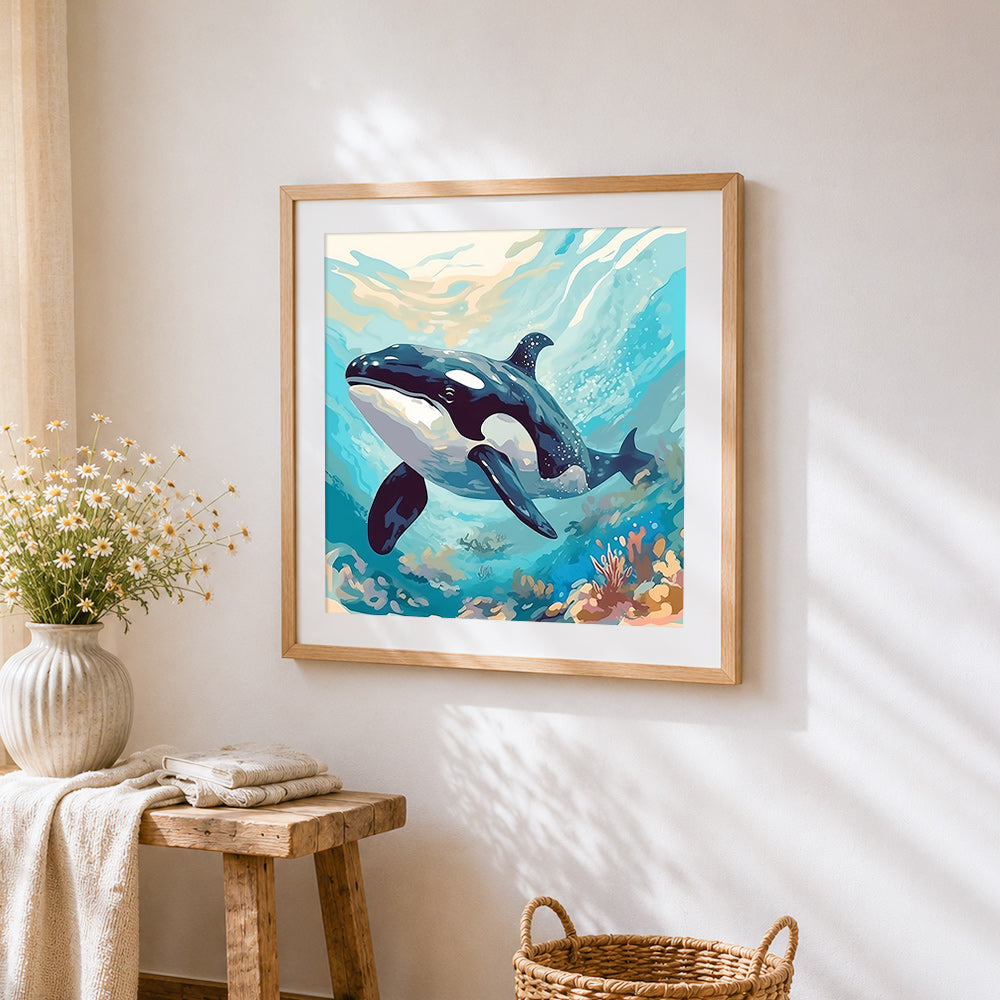 Realistic orca in the ocean cross stitch artwork displayed on wall as home decor