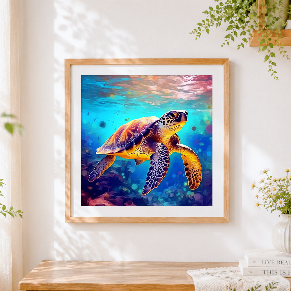 Finished realistic sea turtle in coral reef cross stitch artwork displayed