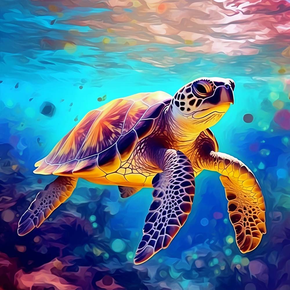 Realistic sea turtle in coral reef cross stitch kit for beginners