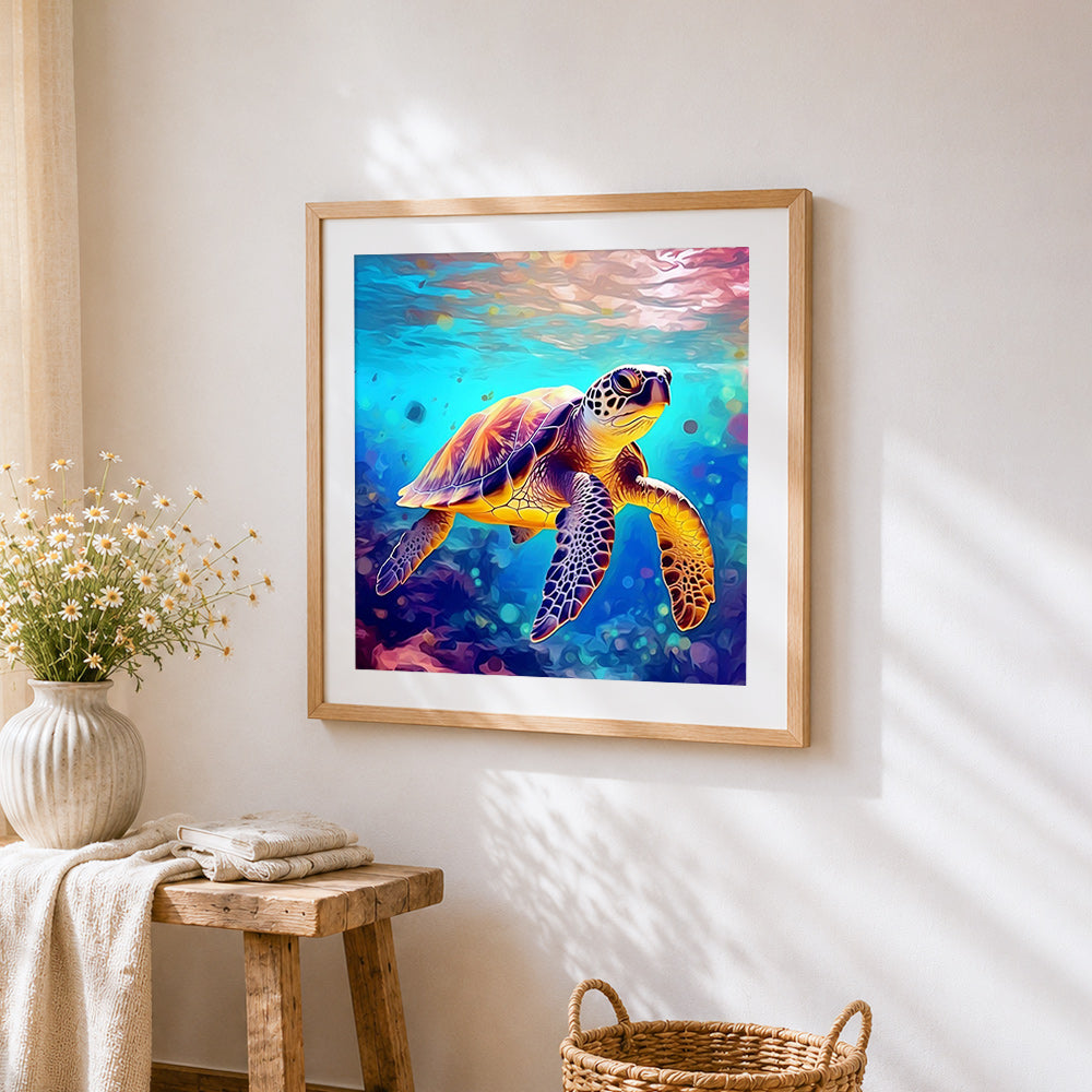 Realistic sea turtle in coral reef cross stitch artwork displayed on wall as home decor