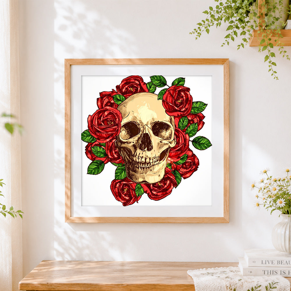 Finished realistic skull surrounded by red roses cross stitch artwork displayed