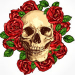 Realistic skull surrounded by red roses cross stitch kit for beginners