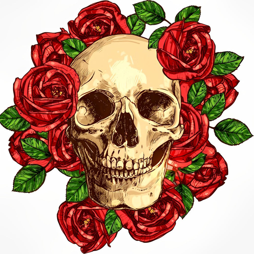 Realistic skull surrounded by red roses cross stitch kit for beginners