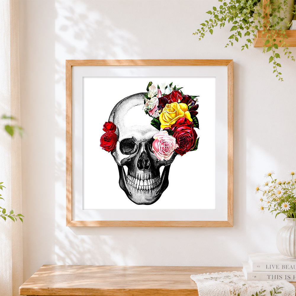Finished realistic skull with colourful roses cross stitch artwork displayed