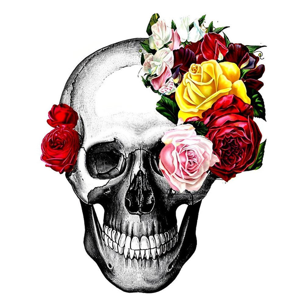 Realistic skull with colourful roses cross stitch kit for beginners
