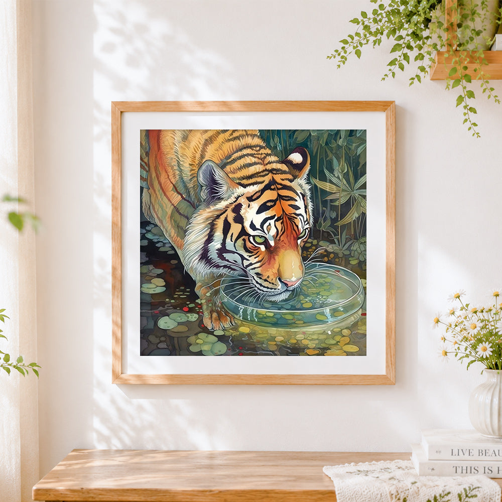 Finished realistic tiger drinking water cross stitch artwork displayed