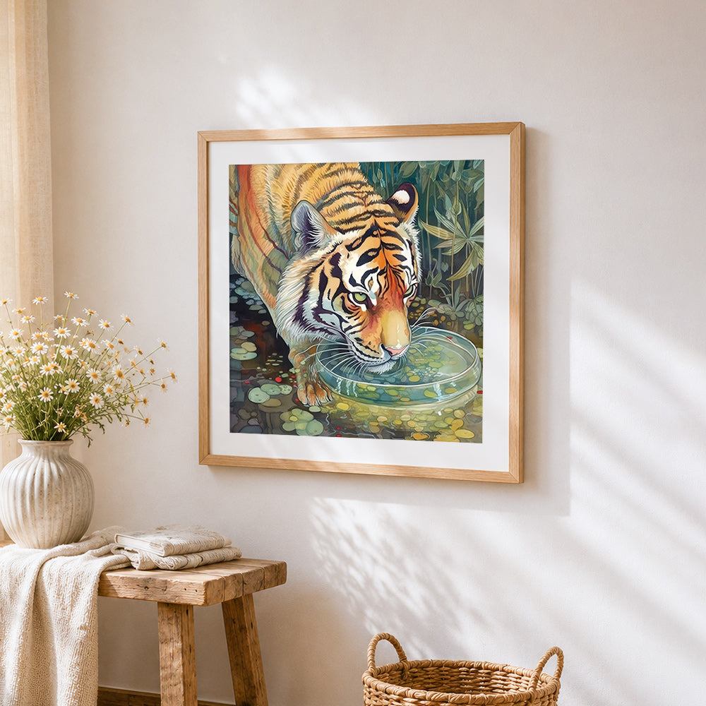 Realistic tiger drinking water cross stitch artwork displayed on wall as home decor