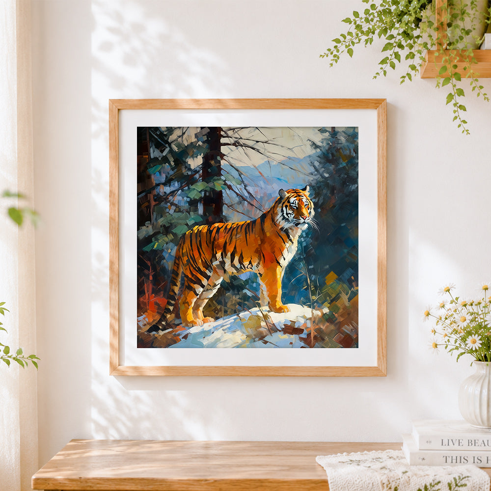 Finished realistic tiger in the snow cross stitch artwork displayed