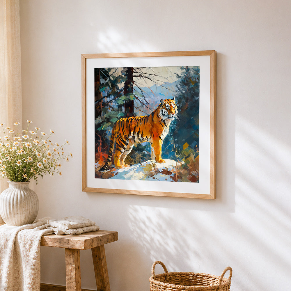 Realistic tiger in the snow cross stitch artwork displayed on wall as home decor
