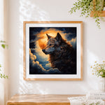 Finished realistic wolf under a full moon cross stitch artwork displayed