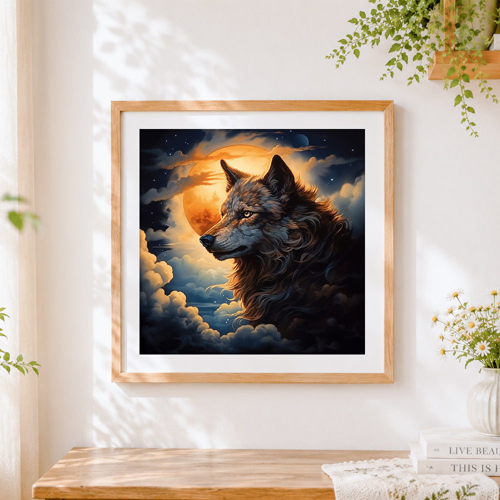 Finished realistic wolf under a full moon cross stitch artwork displayed
