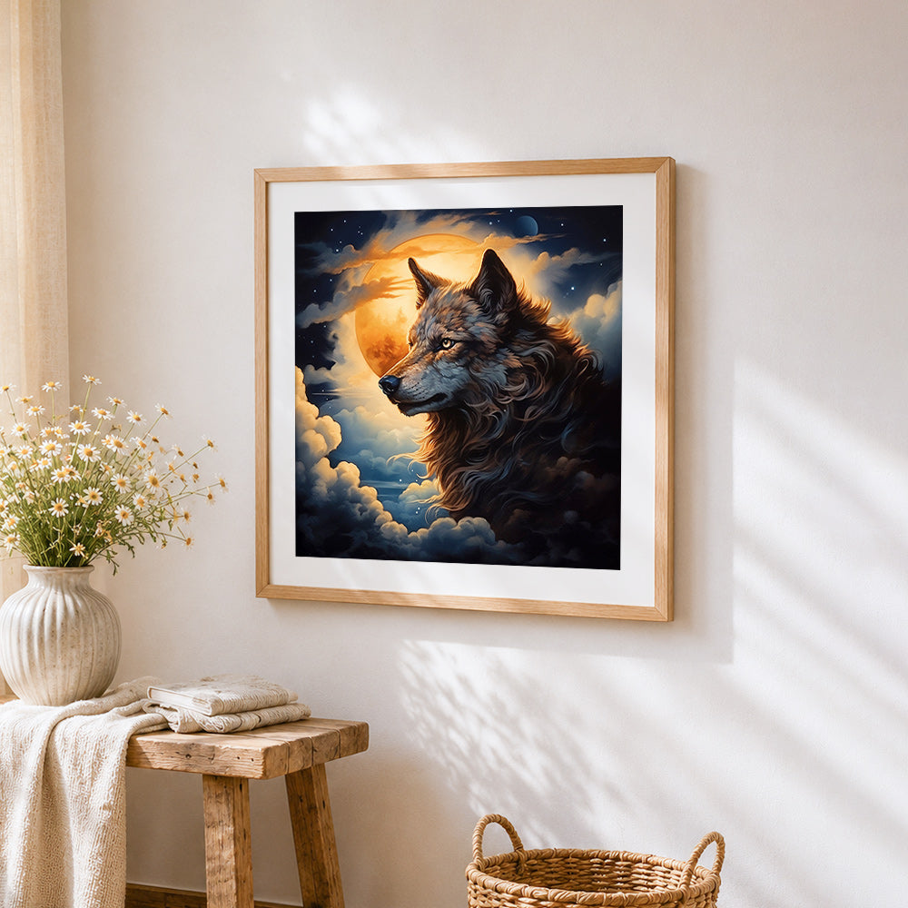 Realistic wolf under a full moon cross stitch artwork displayed on wall as home decor