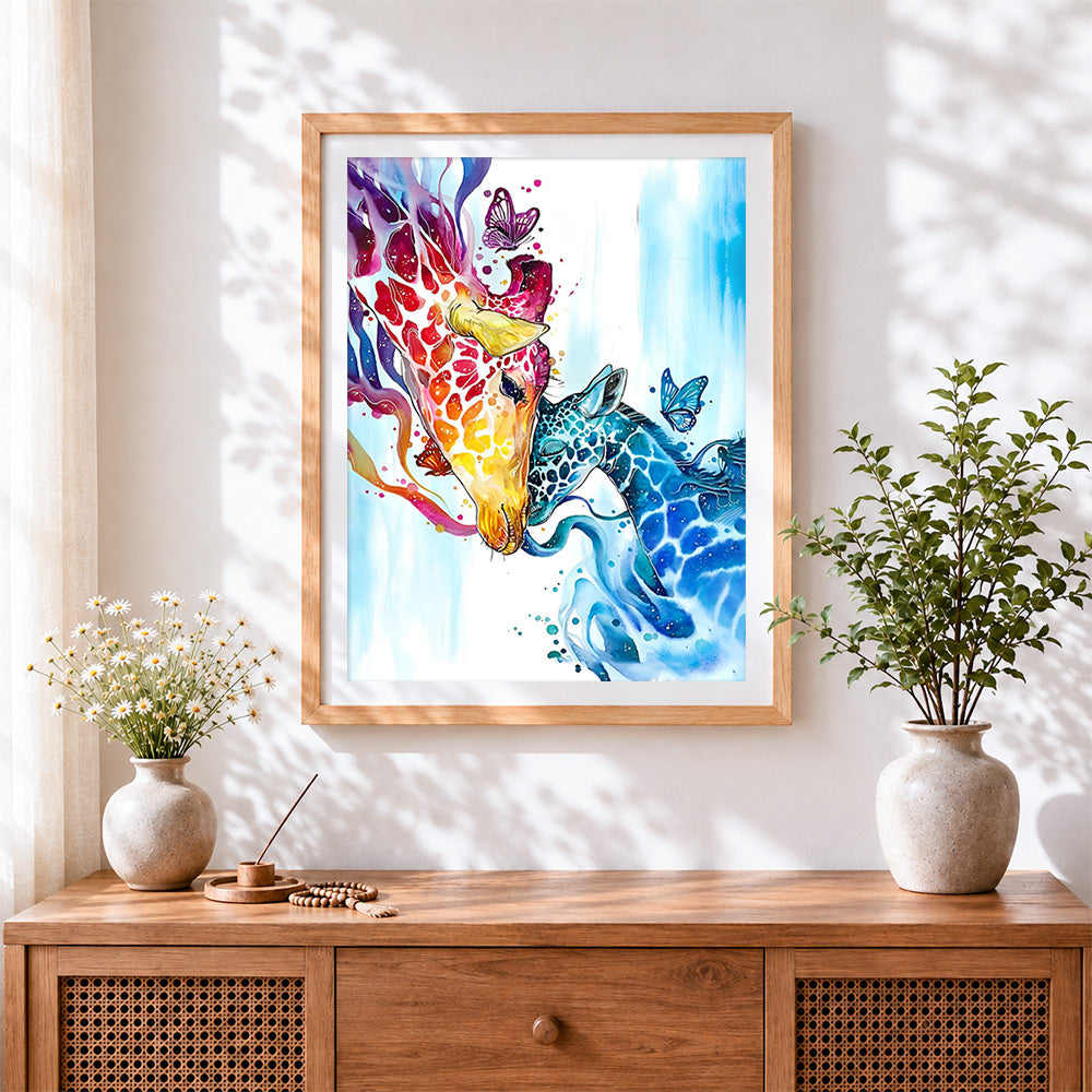 Finished red and blue abstract giraffes cross stitch artwork displayed
