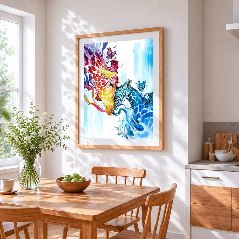 Red and blue abstract giraffes cross stitch artwork displayed on wall as home decor