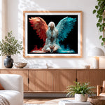 Finished red and blue winged angel cross stitch artwork displayed