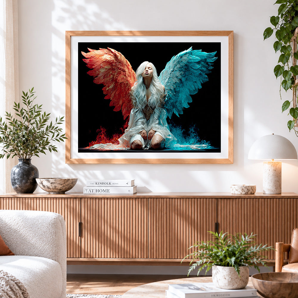 Finished red and blue winged angel cross stitch artwork displayed
