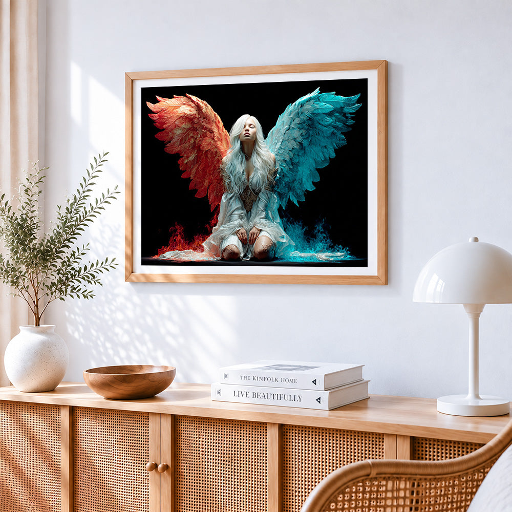 Red and blue winged angel paint by numbers artwork displayed on wall as home decor