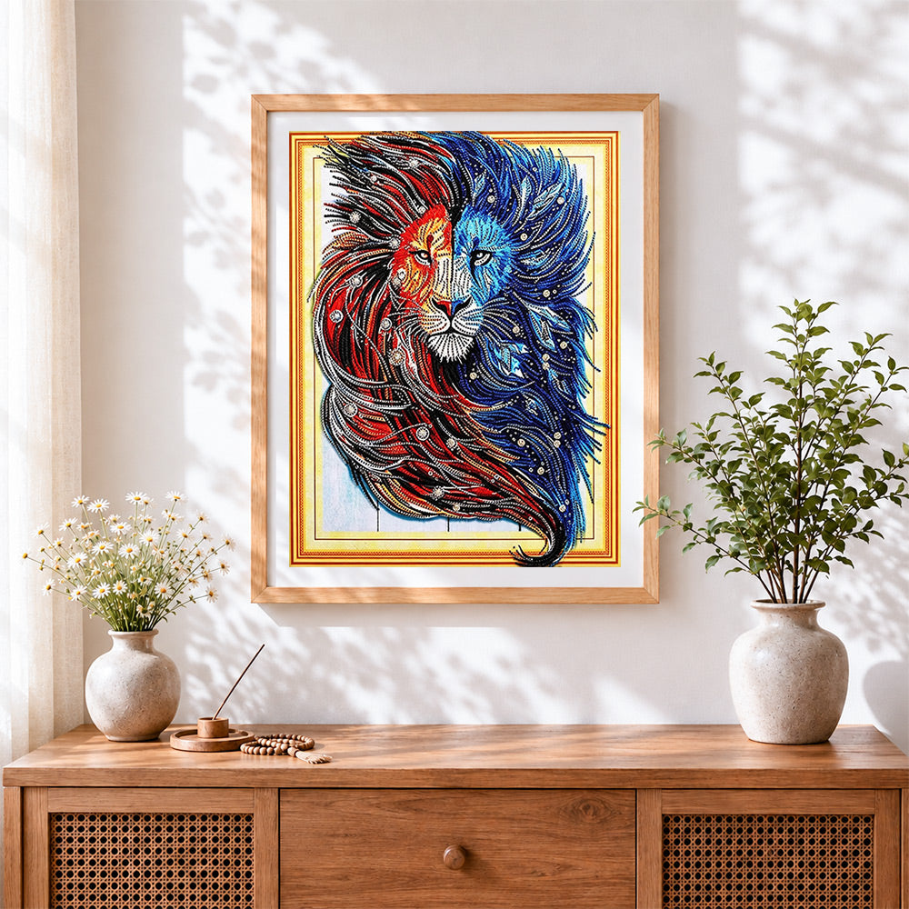 Finished red and blue yin yang lion cross stitch artwork displayed