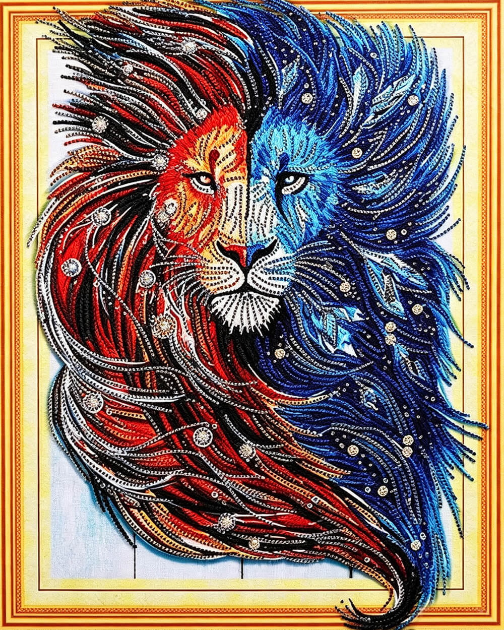 Red and blue yin yang lion cross stitch kit for beginners