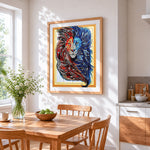 Red and blue yin yang lion cross stitch artwork displayed on wall as home decor