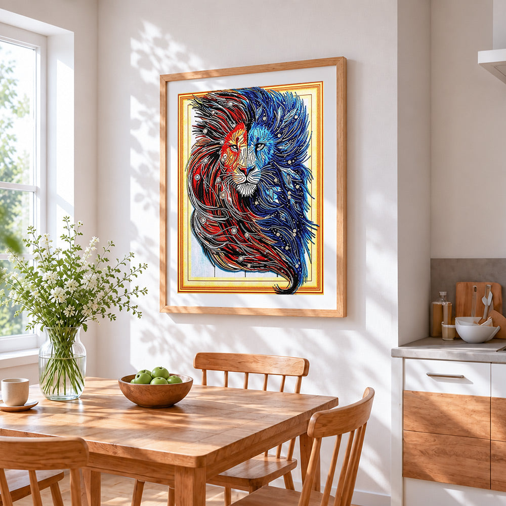 Red and blue yin yang lion cross stitch artwork displayed on wall as home decor