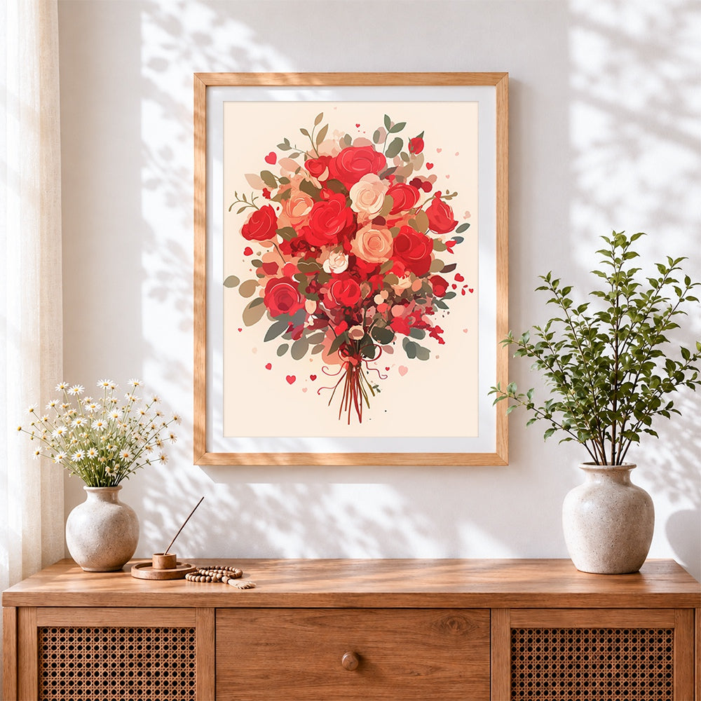 Finished red and pink rose bouquet with hearts cross stitch artwork displayed