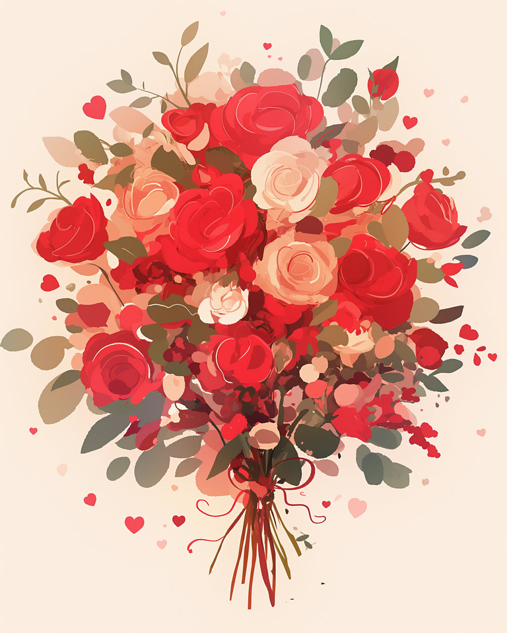 Red and pink rose bouquet with hearts cross stitch kit for beginners