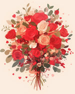 Red and pink rose bouquet with hearts cross stitch kit for beginners