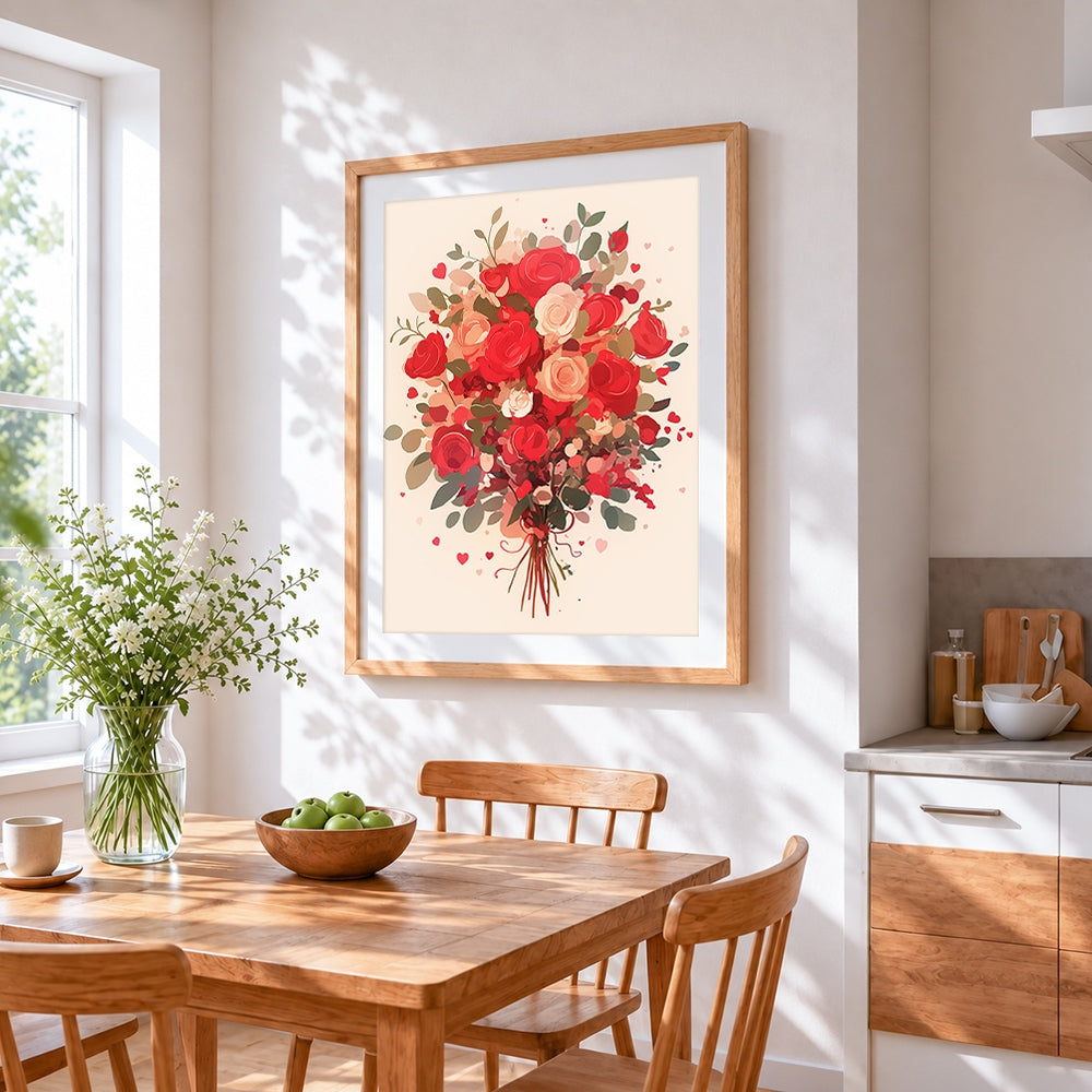 Red and pink rose bouquet with hearts cross stitch artwork displayed on wall as home decor