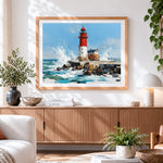 Finished red and white lighthouse cross stitch artwork displayed