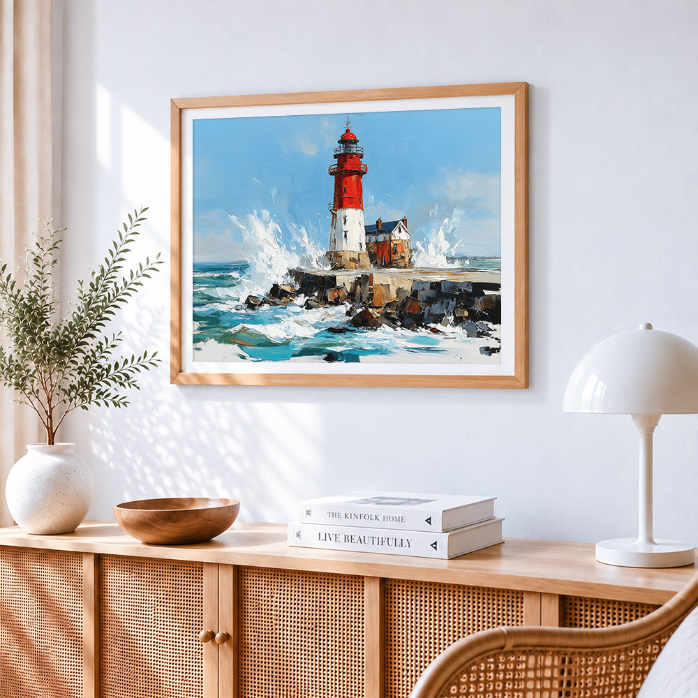 Red and white lighthouse paint by numbers artwork displayed on wall as home decor