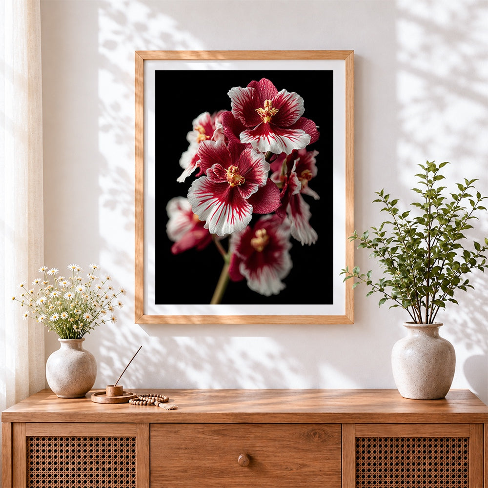 Finished red and white orchids on black background cross stitch artwork displayed