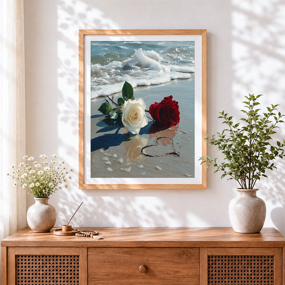 Finished red and white roses on the beach cross stitch artwork displayed