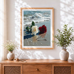 Finished red and white roses on the beach cross stitch artwork displayed
