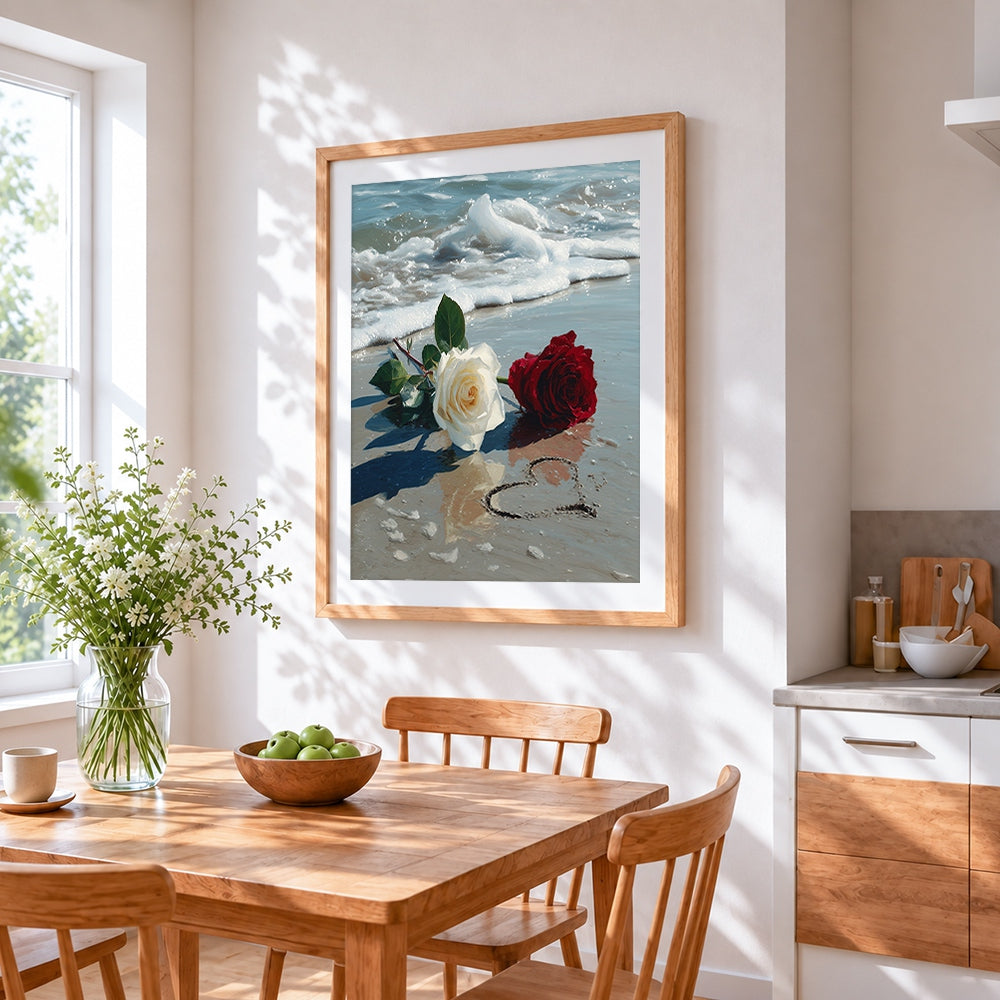 Red and white roses on the beach cross stitch artwork displayed on wall as home decor