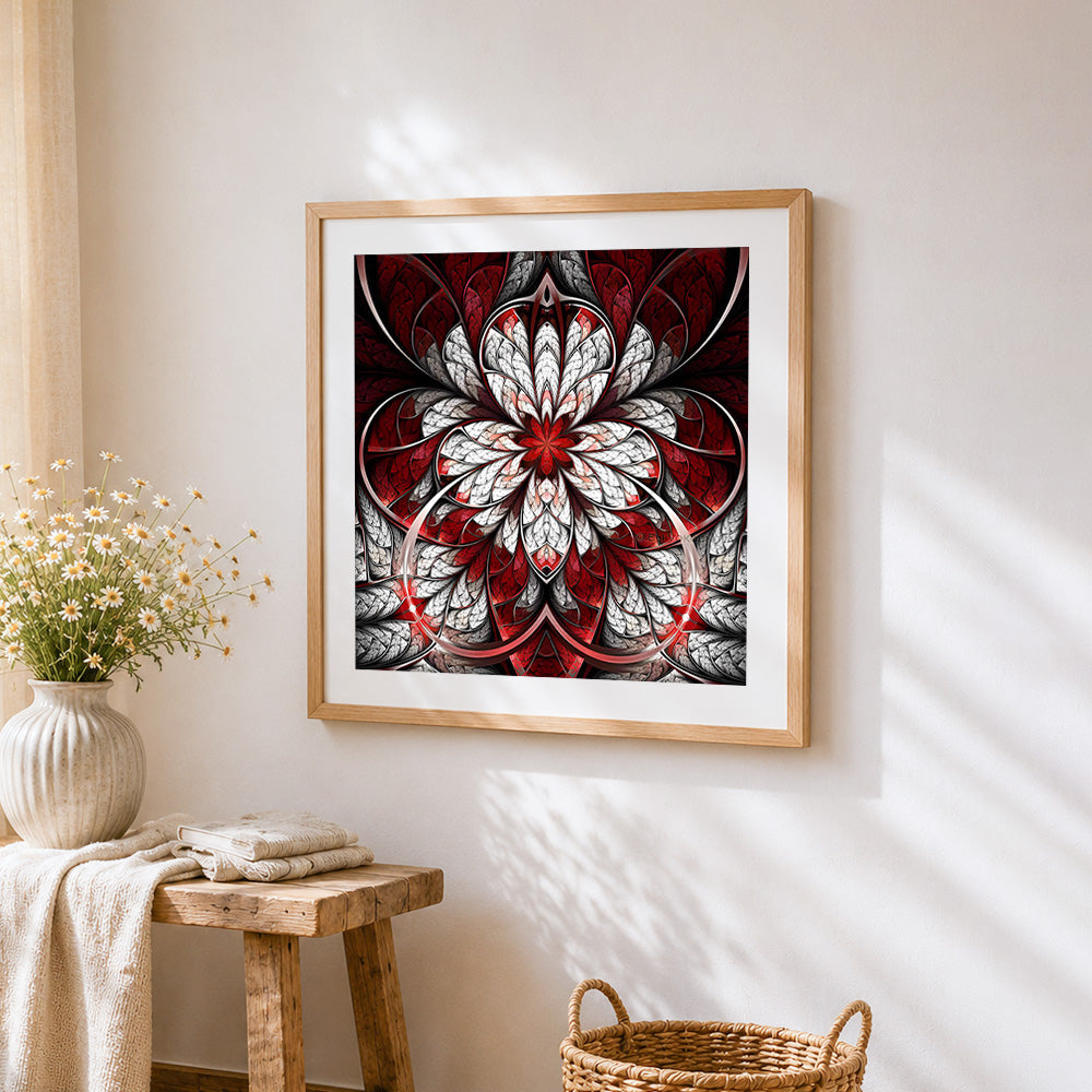 Red and white symmetrical mandala cross stitch artwork displayed on wall as home decor