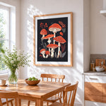 Red and white toadstools cross stitch artwork displayed on wall as home decor
