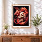 Finished red dragon and skull cross stitch artwork displayed