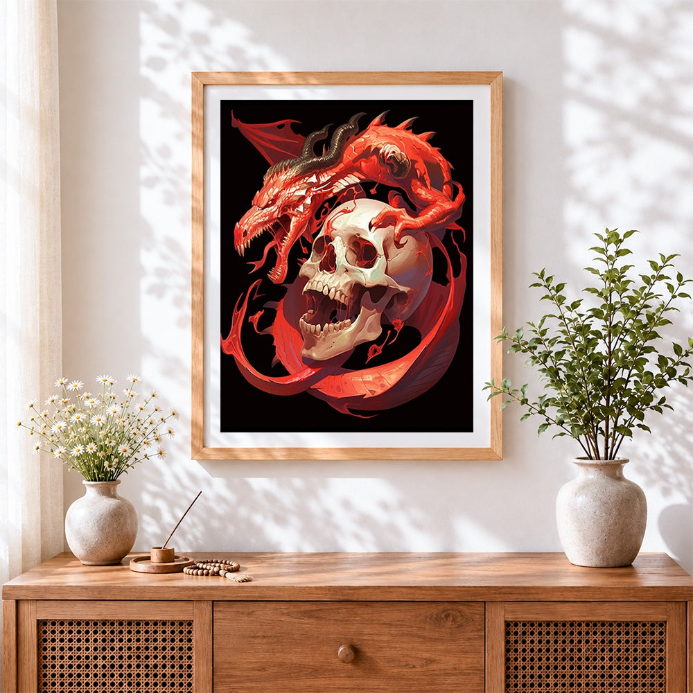 Finished red dragon and skull cross stitch artwork displayed