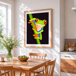 Red eyed tree frog on a branch cross stitch artwork displayed on wall as home decor