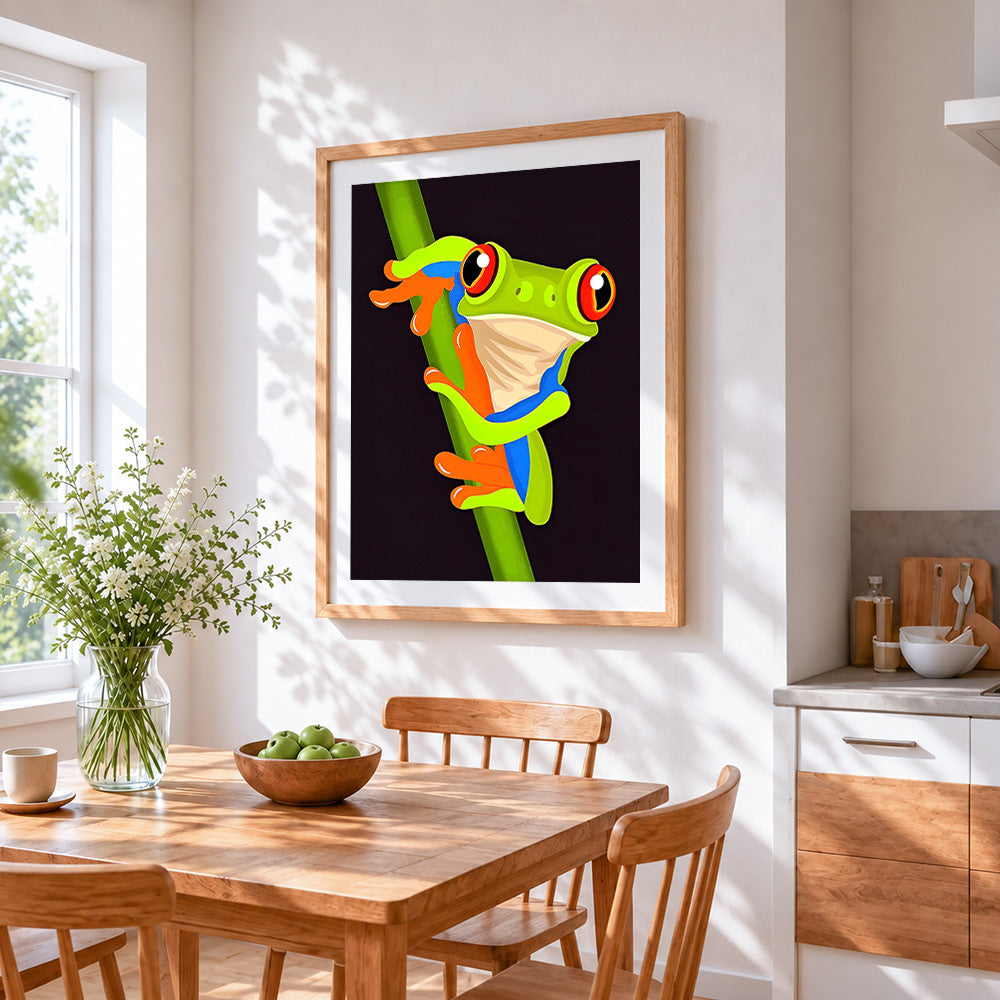 Red eyed tree frog on a branch cross stitch artwork displayed on wall as home decor