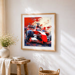 Red formula 1 racing car cross stitch artwork displayed on wall as home decor