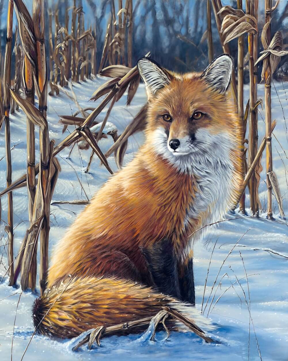 Red fox in a snowy field cross stitch kit for beginners