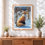 Finished red fox in a snowy field paint by numbers artwork displayed as home decor
